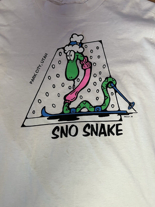 Vintage Sno Snake Park City Ski Snow Tshirt Single Stitch White Mountain Utah S - thriftgoblin
