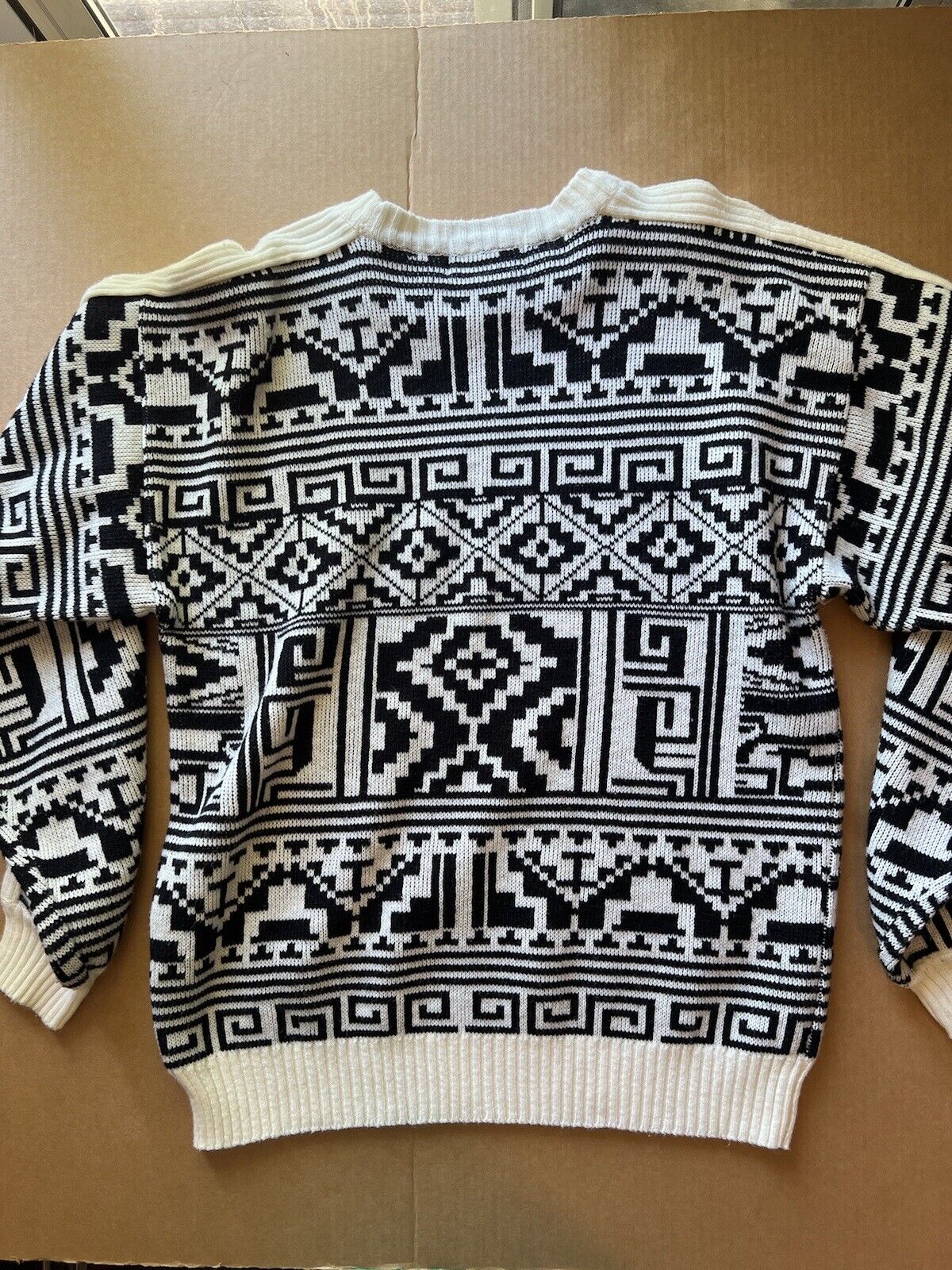 Vintage TJW Mervyn’s Black Geometric Acrylic Wool Sweater Crewneck 80s L Mens - thriftgoblin
