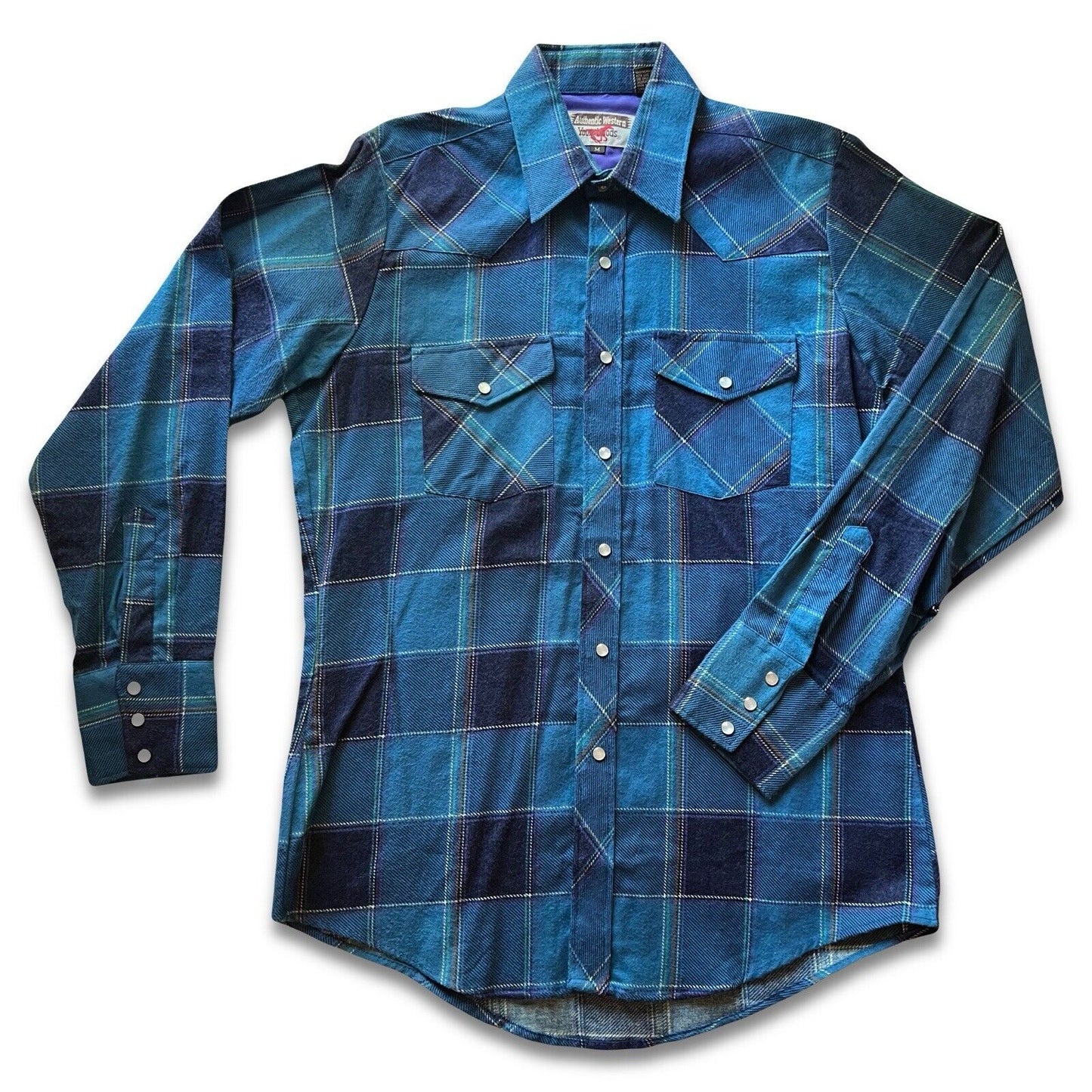 Vintage Western Young Bloods Shirt Medium Blue Button Up Pearl Snap Mens - thriftgoblin
