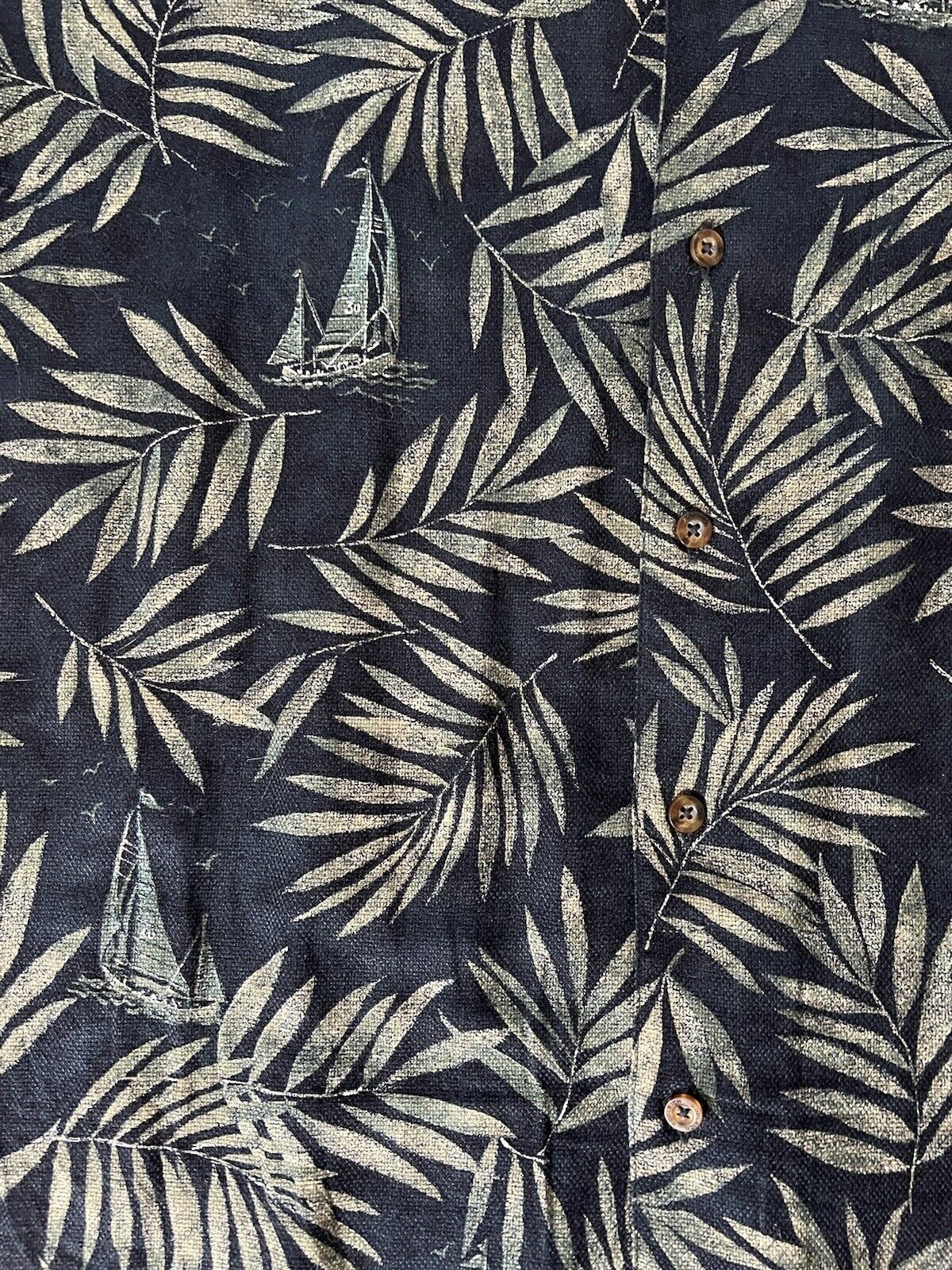 WOOLRICH Hawaii Shirt Blue Palm Trees Boats Mens Large s/s Button Up Woven - thriftgoblin