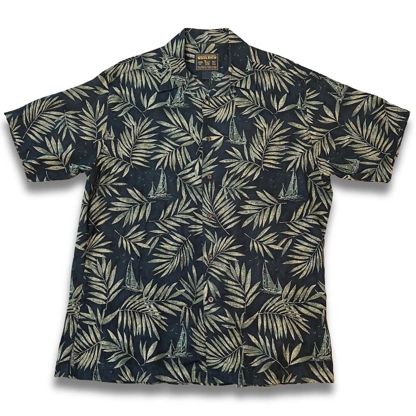 WOOLRICH Hawaii Shirt Blue Palm Trees Boats Mens Large s/s Button Up Woven - thriftgoblin