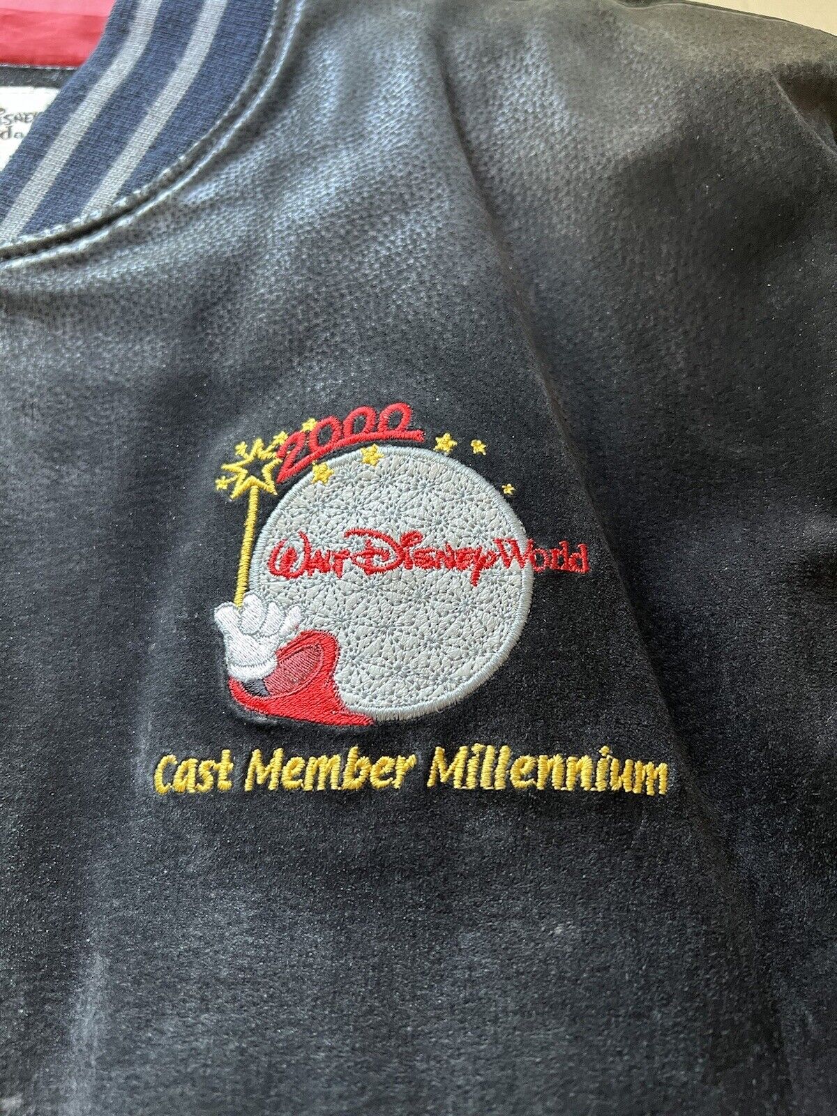 Y2K Disney World Cast Member Sorcerer Mickey Suede Letterman L Jacket Disneyana - thriftgoblin