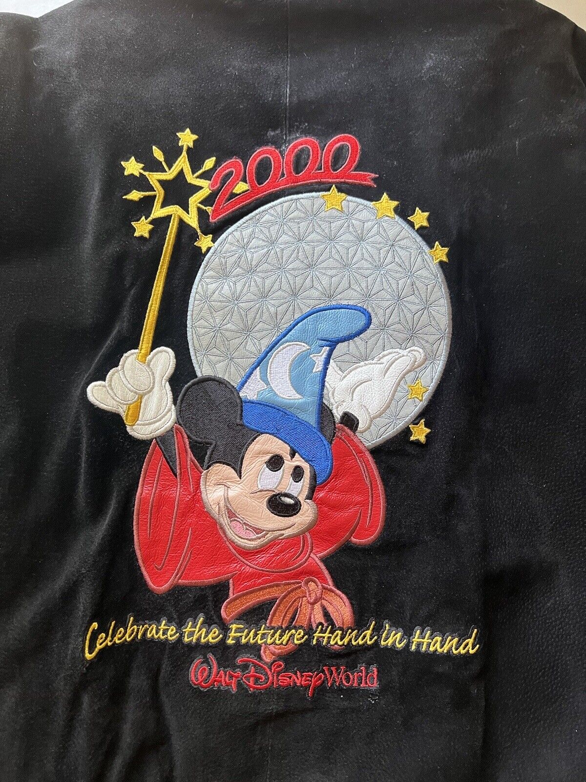 Y2K Disney World Cast Member Sorcerer Mickey Suede Letterman XL Jacket Disneyana - thriftgoblin