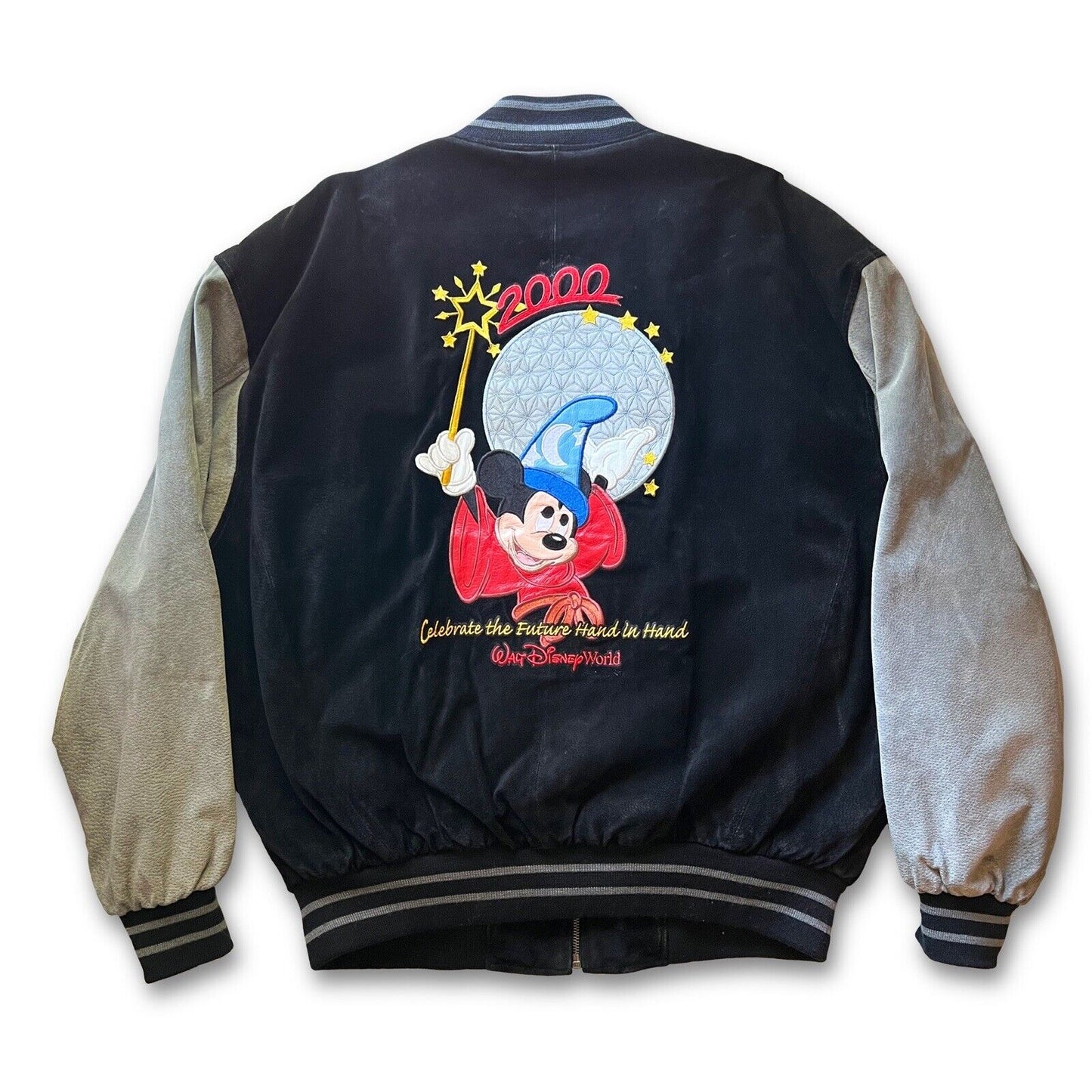 Y2K Disney World Cast Member Sorcerer Mickey Suede Letterman XL Jacket Disneyana - thriftgoblin