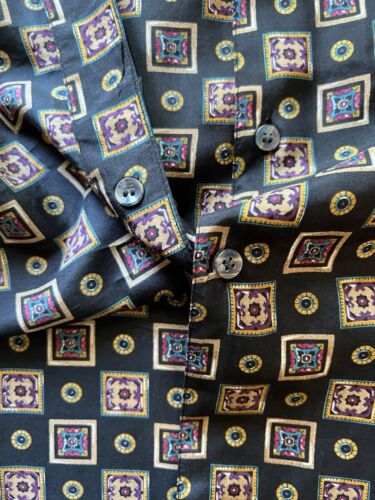 Robert Stock Silk Shirt Mens L Black Geometric Short Sleeve ButtonUp Gold Light