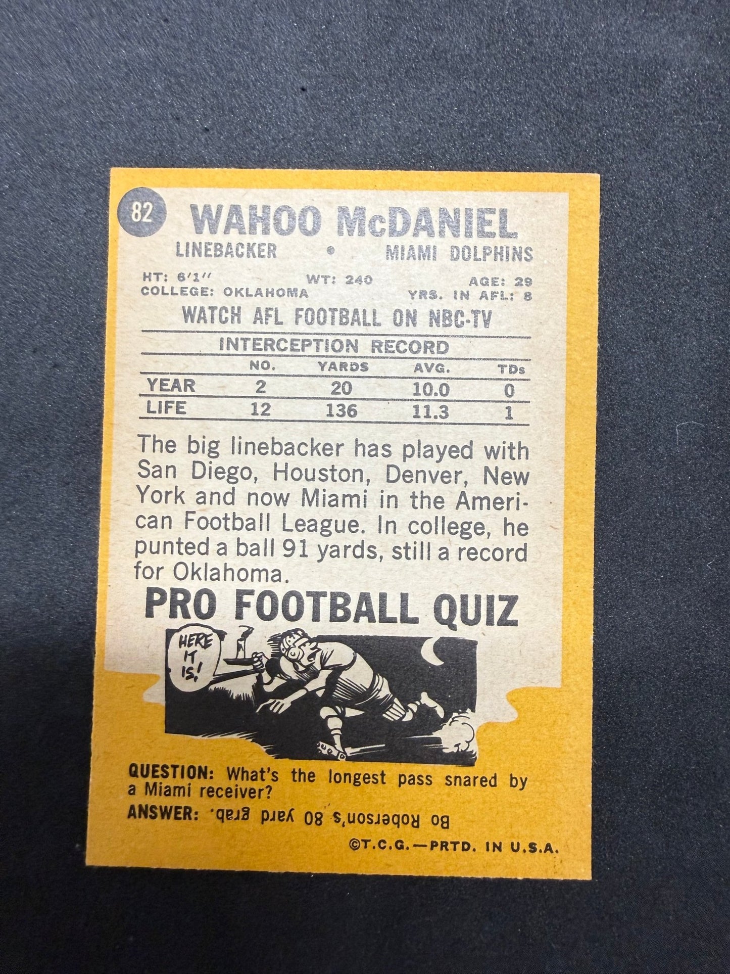 1967 Topps Wahoo McDaniel 82 Miami Dolphins Linebacker Vintage Card - thriftgoblinTrading Card