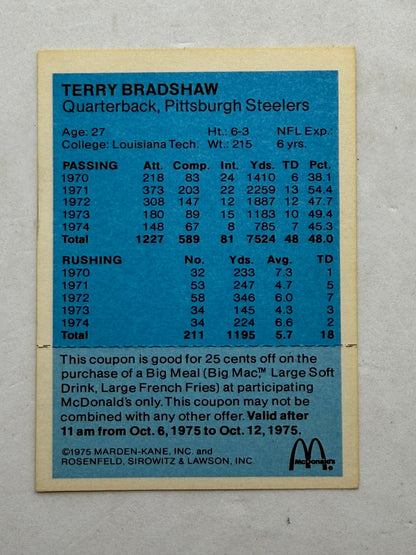 1975 McDonald Terry Bradshaw Pittsburgh Steelers Card Coupon Back - Thrift GoblinTrading Card