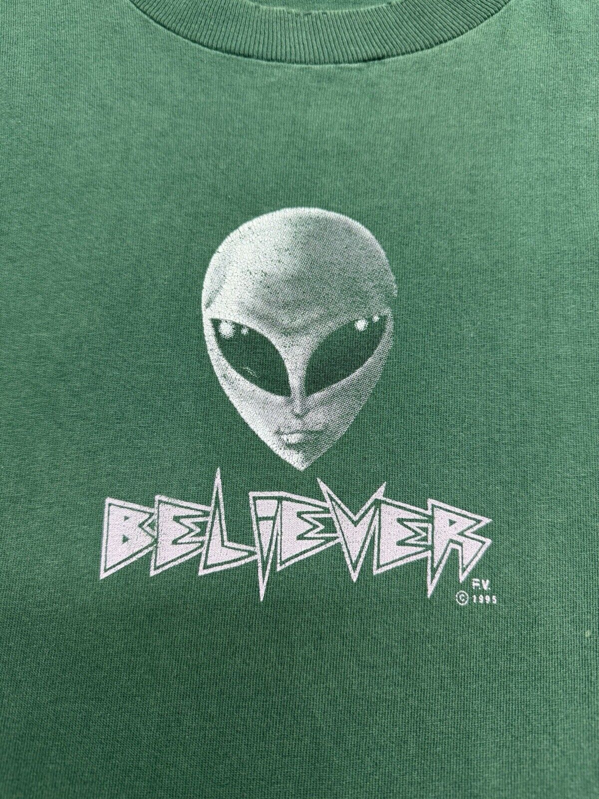 1995 Alien Workshop “BELIEVER” Green Skateboard T Shirt Gray XL Size Vintage 90 - thriftgoblin