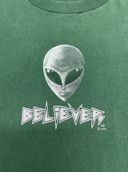 1995 Alien Workshop “BELIEVER” Green Skateboard T Shirt Gray XL Size Vintage 90 - thriftgoblin