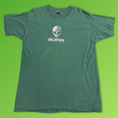 1995 Alien Workshop “BELIEVER” Green Skateboard T Shirt Gray XL Size Vintage 90 - thriftgoblin