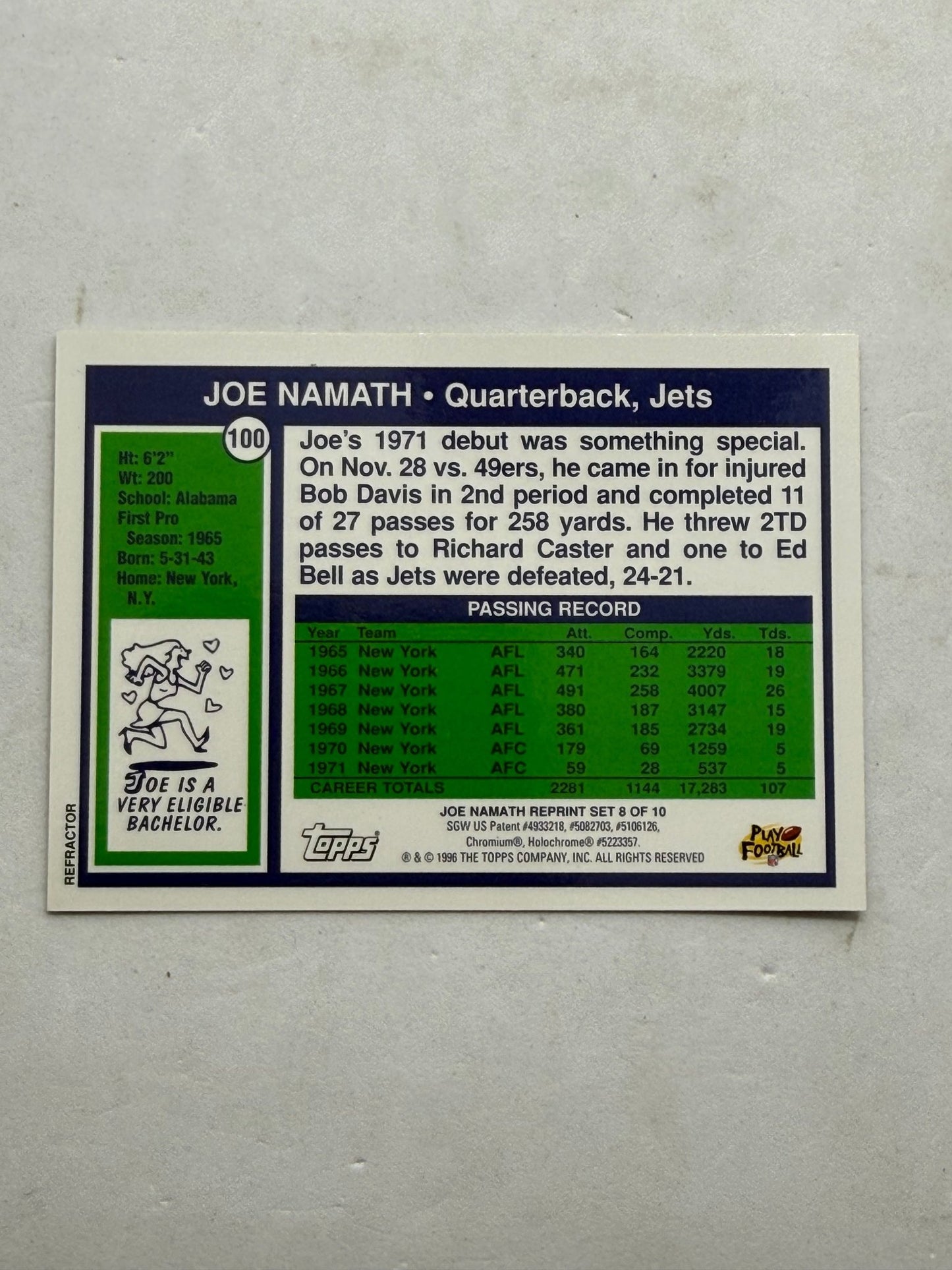 1996 Topps Joe Namath Reprints 8 of 10 Chromium Refractor Card Jets QB - thriftgoblinTrading Card