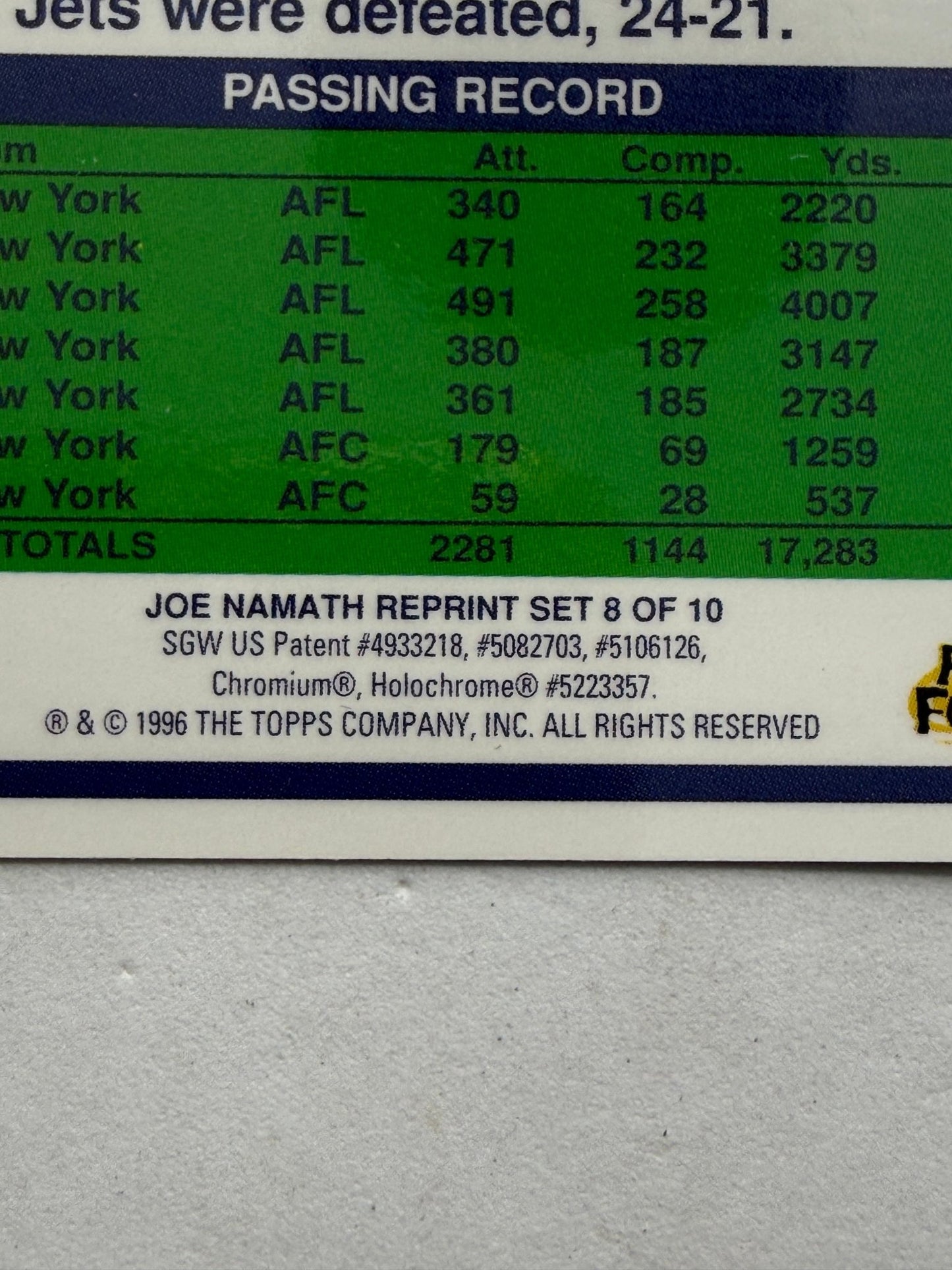 1996 Topps Joe Namath Reprints 8 of 10 Chromium Refractor Card Jets QB - thriftgoblinTrading Card