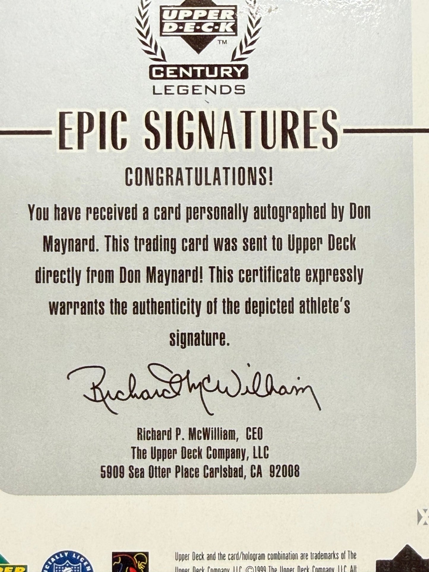 1999 Upper Deck Century Legends Don Maynard Epic Signatures Cut Auto Jets - thriftgoblinTrading Card