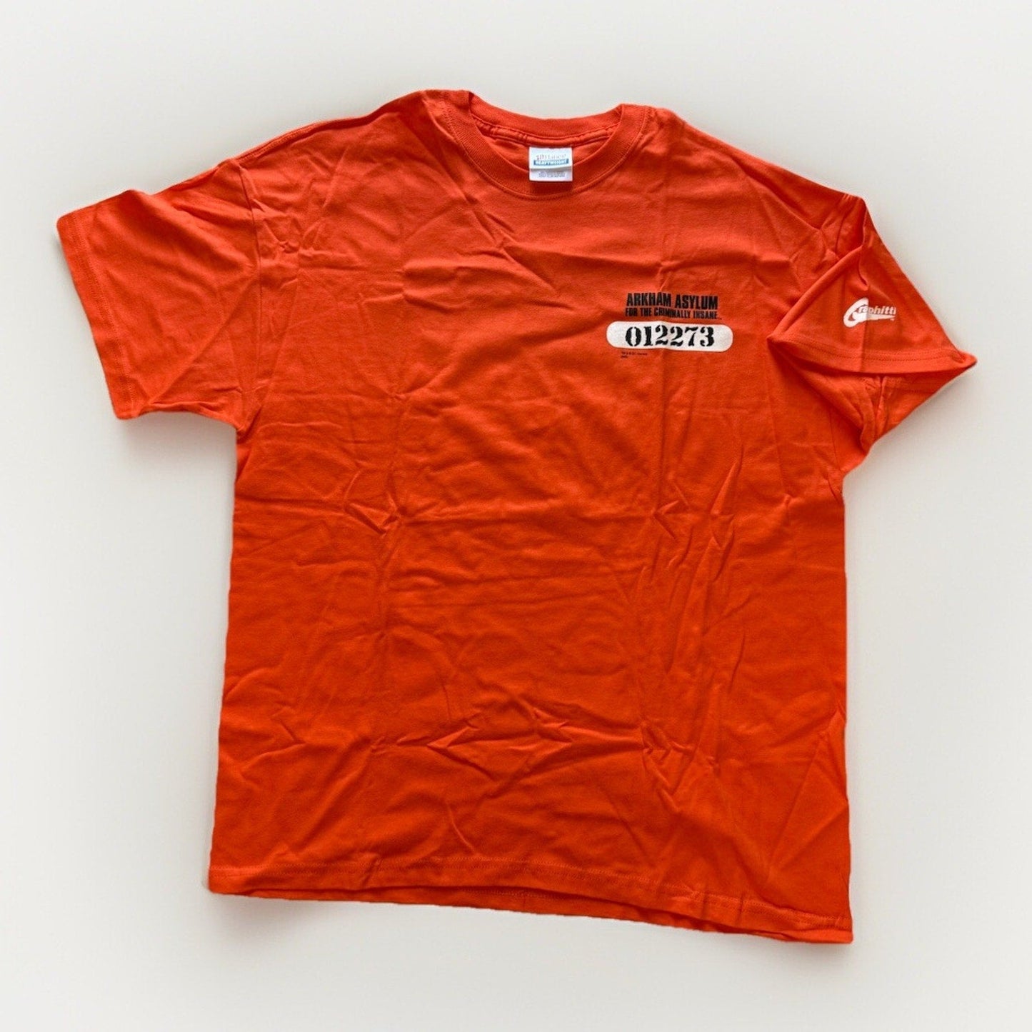 2005 DC Arkham Asylum Inmate T-Shirt XL Orange Graphitti Hanes Batman Joker Y2K - thriftgoblin
