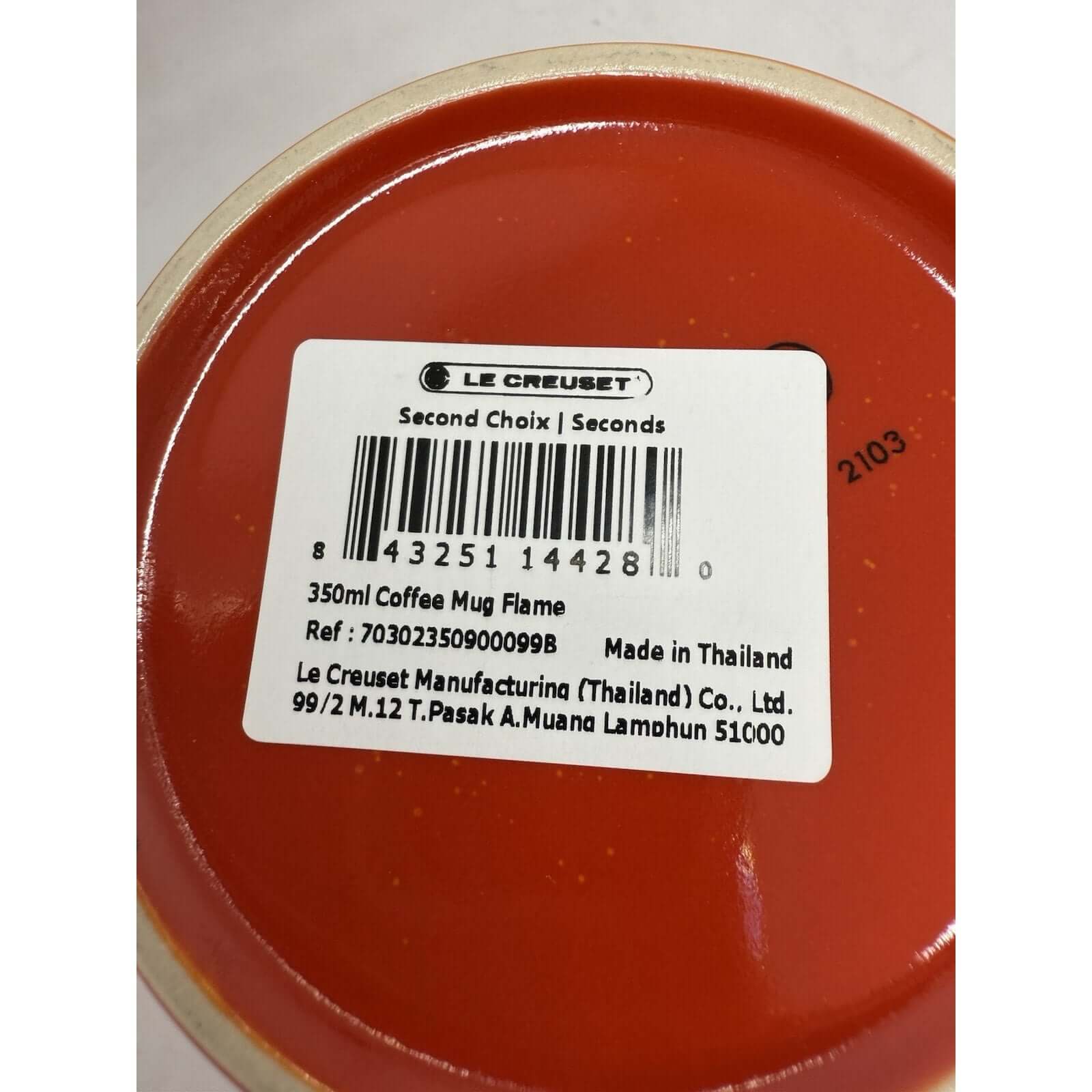 LE CREUSET 350ml coffee mug base label with barcode in Flame color, manufactured in Thailand.