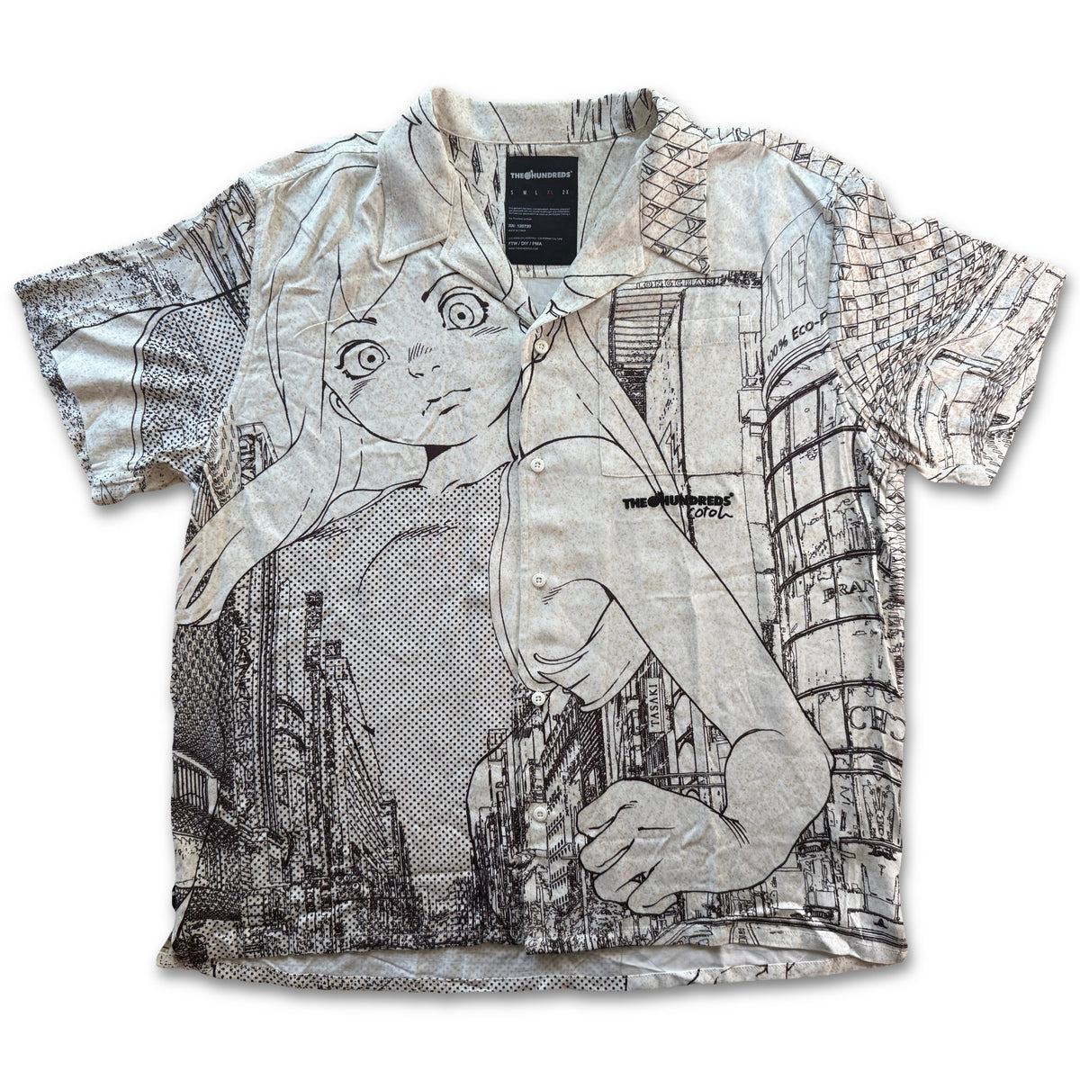 The Hundreds x Cotoh Camp Shirt Cream Mens XL NWOT Anime Manga City Print