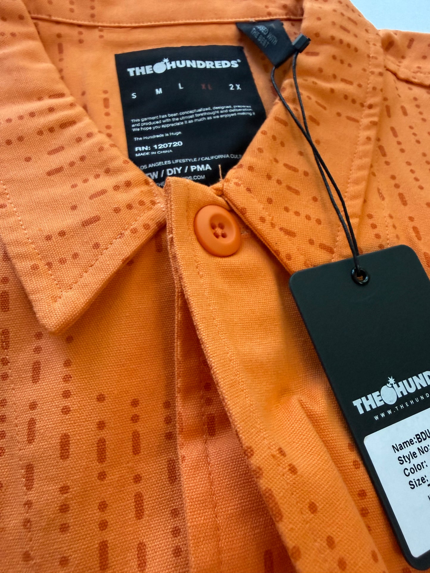 The Hundreds BDU Woven Camp Shirt Orange Mens XL NWT Morse Code Print
