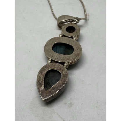 Silver Labradorite Pendant Necklace Snake Chain Three Gemstones Bezel Setting