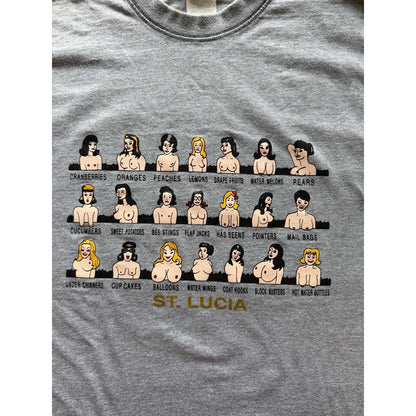 Vintage St Lucia Shirt Graphic Cartoon Boobs Fruit Tee Gray L Adult Humor Sex