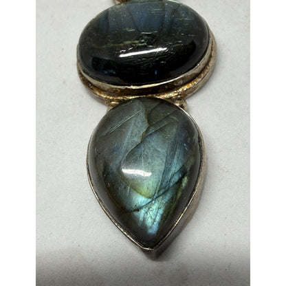Silver Labradorite Pendant Necklace Snake Chain Three Gemstones Bezel Setting