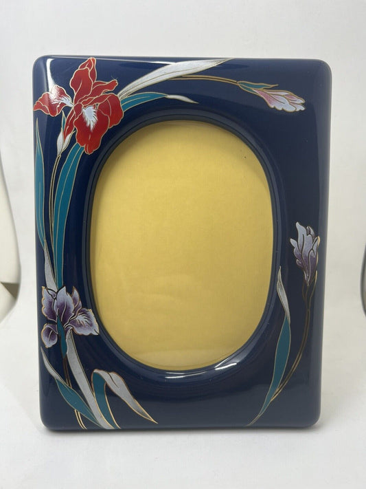 Rare Stoneware Picture Frame 5.5" x 4" Thick Blue Dynasty Oriental Flowers