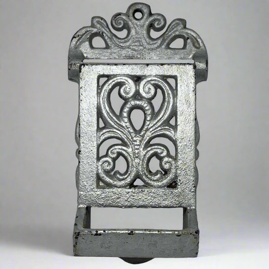 Vintage Heavy Cast Iron Black Fireplace Match Box Holder Wall Mount Fits Box