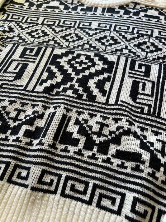 Vintage TJW Mervyn’s Black Geometric Acrylic Wool Sweater Crewneck 80s L Mens