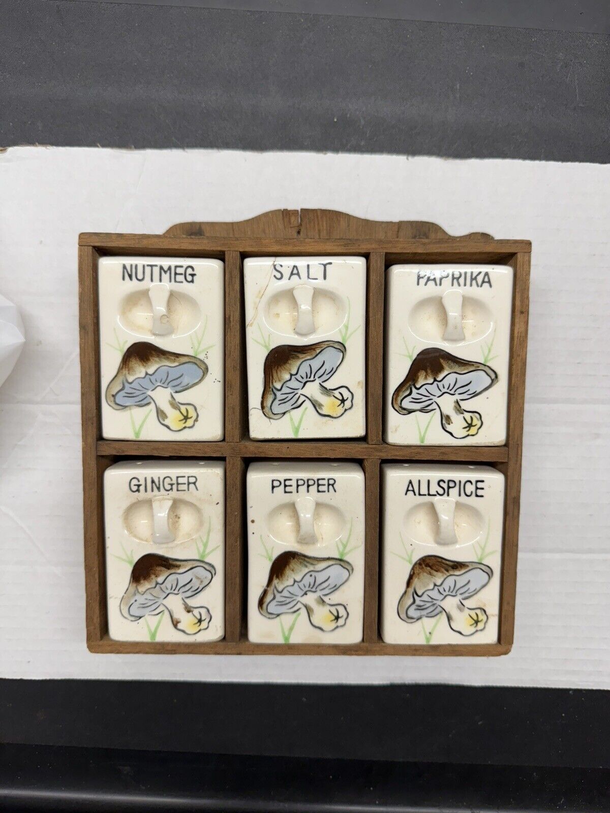 Vintage Spice Rack Ceramic Mushroom 6 Jar Set Wood Wall Japan 1950 Kitschy Decor