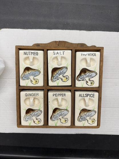 Vintage Spice Rack Ceramic Mushroom 6 Jar Set Wood Wall Japan 1950 Kitschy Decor