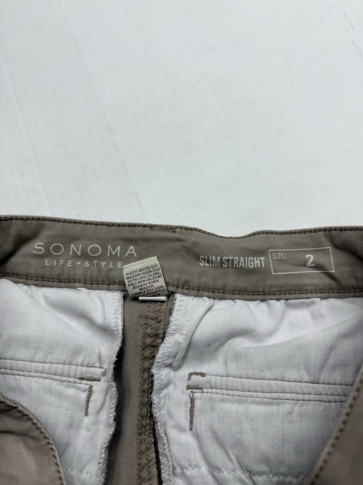 Sonoma Cargo Pant Slim Straight Womens 2 Tan Khaki Comfy Buttons Zipper Pockets