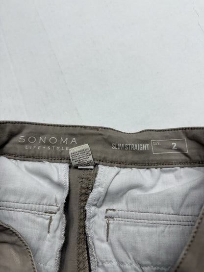 Sonoma Cargo Pant Slim Straight Womens 2 Tan Khaki Comfy Buttons Zipper Pockets