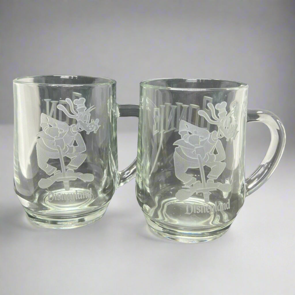 Disneyland Disney’s GOOFY POGO  Clear Etched Glass Mug Coffee “RON” “BONNIE"