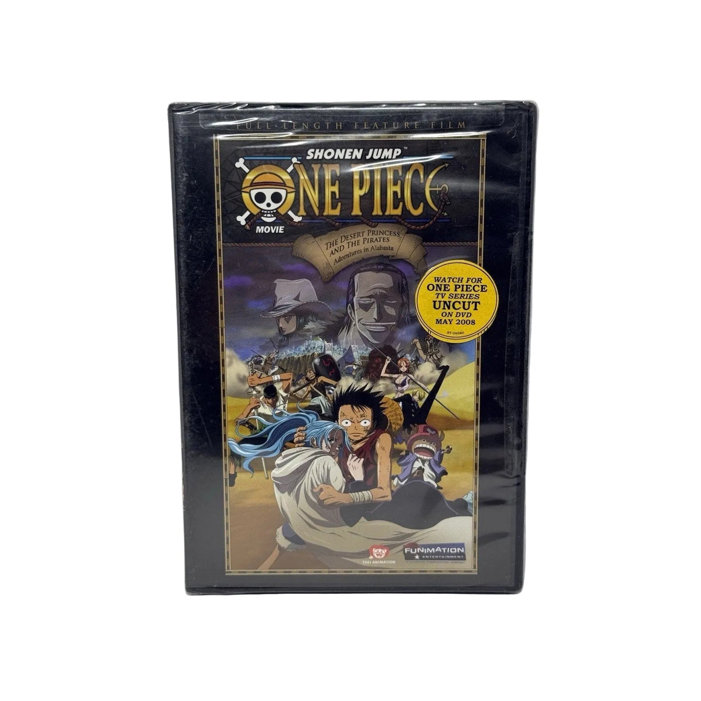 Shonen Jump One Piece Movie DVD box set in its original shrink wrap, featuring the main character Luffy and other crew members on the cover art, with a yellow 'Watch for One Piece Uncut Not Cleared' sticker.