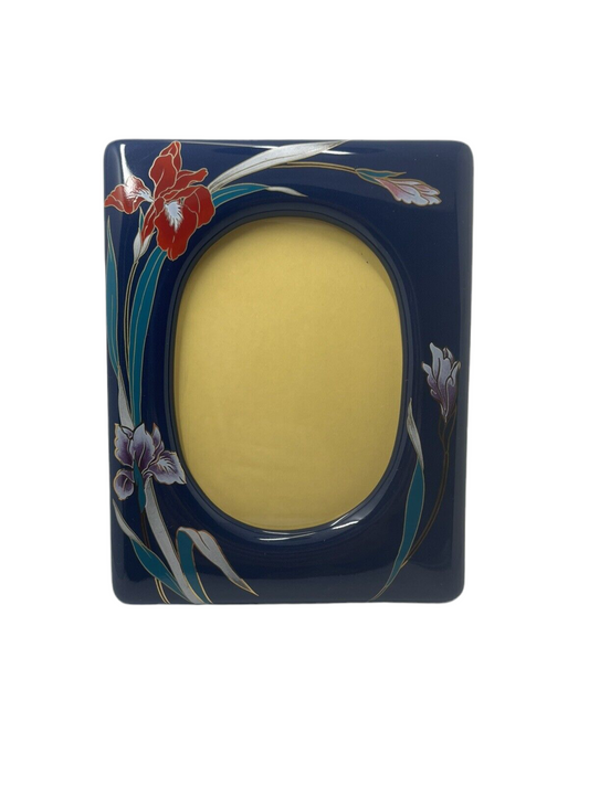 Rare Stoneware Picture Frame 5.5" x 4" Thick Blue Dynasty Oriental Flowers