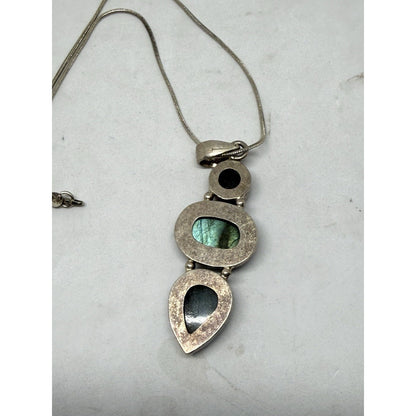 Silver Labradorite Pendant Necklace Snake Chain Three Gemstones Bezel Setting