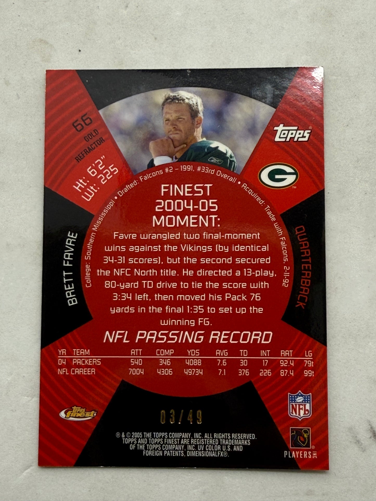 2005 Topps Finest Brett Favre Gold Refractor Card Serial 03 of 49