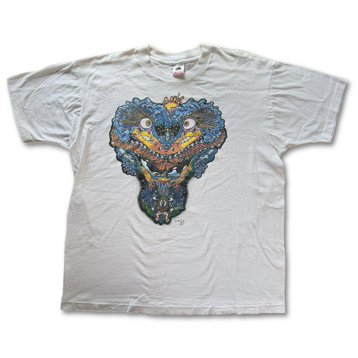 Vintage Psychedelic Jester Surf Eye Graphic Tee Fruit of the Loom XL White Single Stitch
