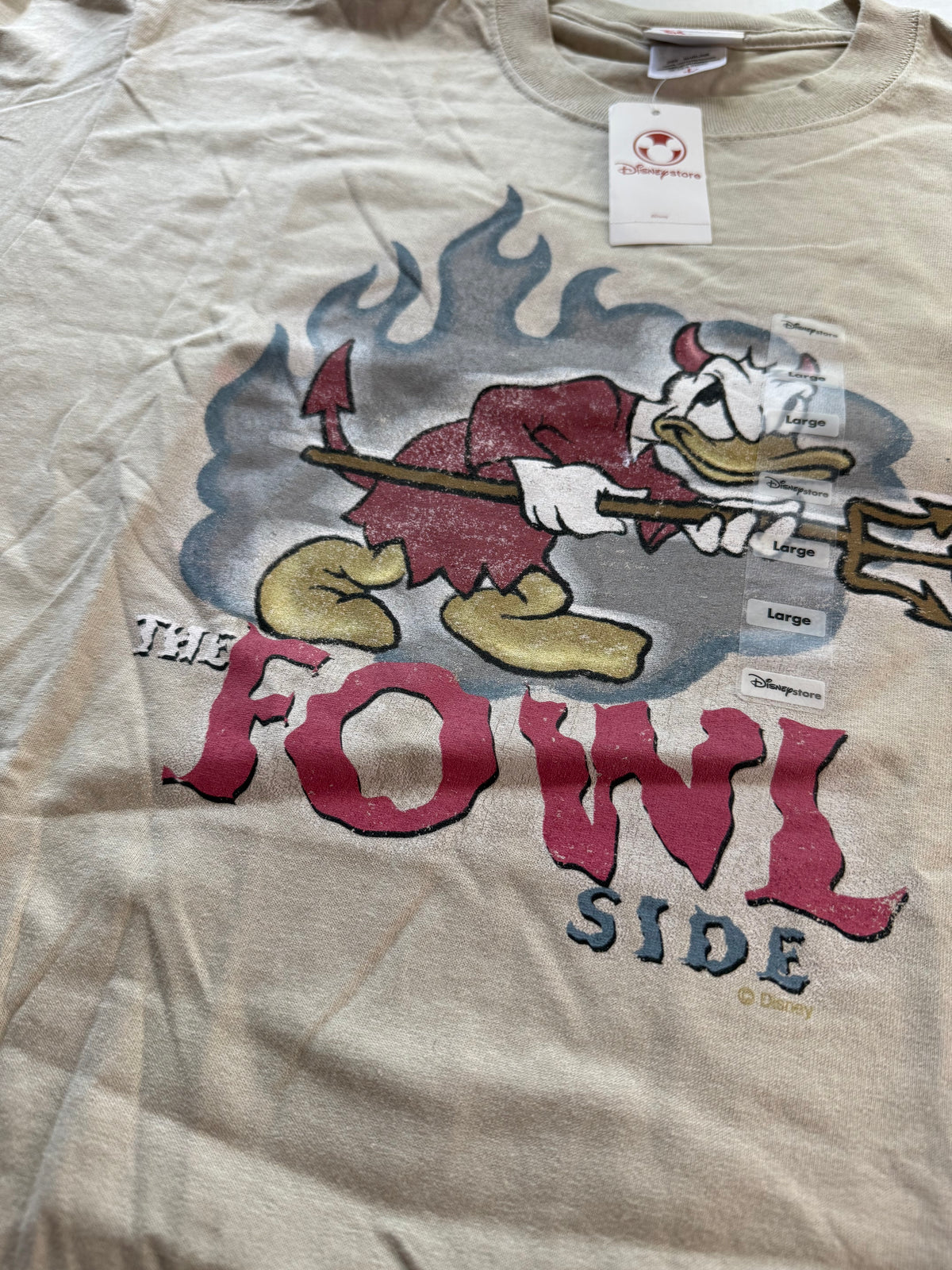 Disney Store The Fowl Side Donald Duck Devil Tee Mens L Tan Y2K NWT Rare