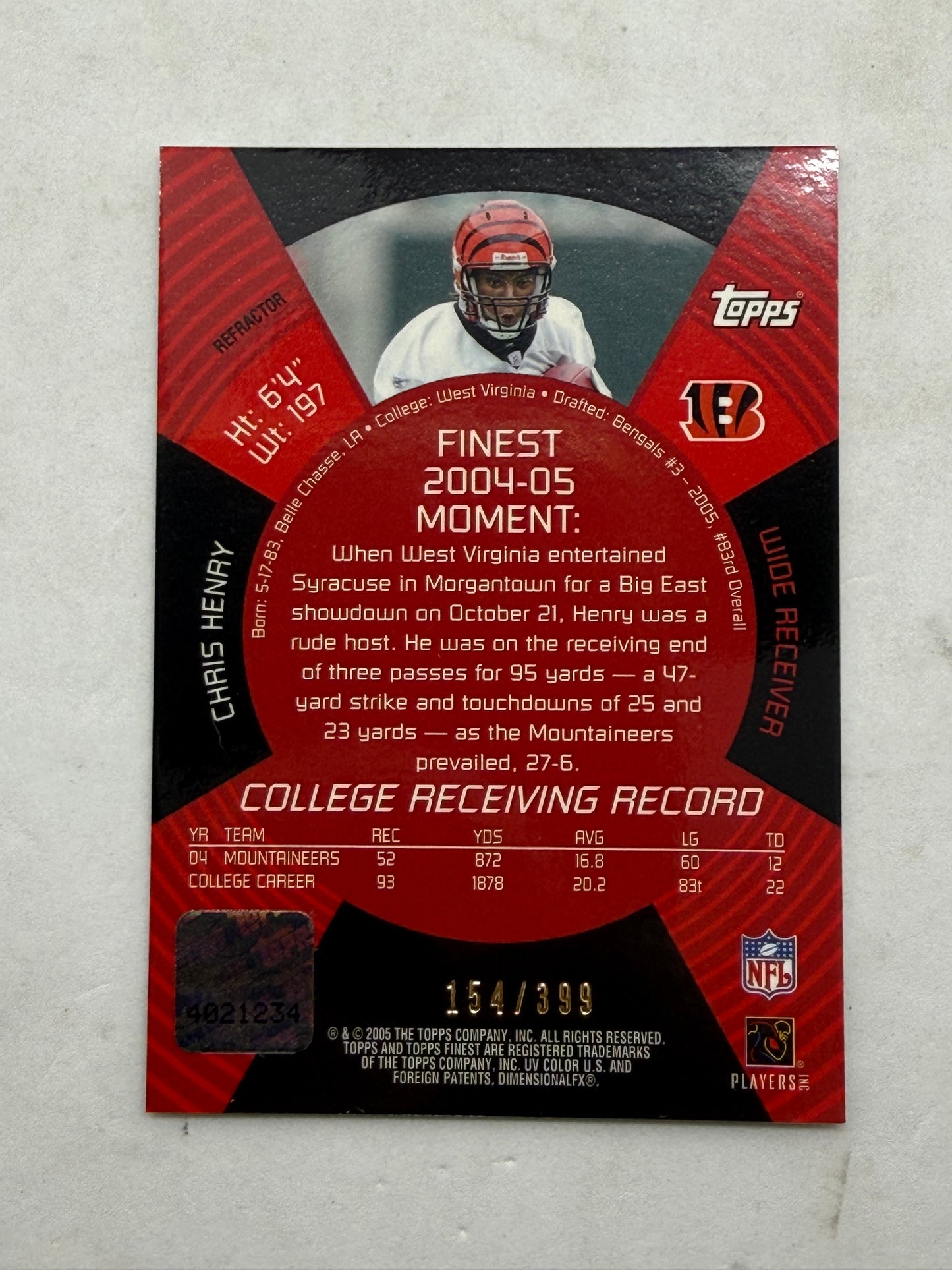 2005 Topps Finest Chris Henry Rookie Autograph Card Serial 154 of 399