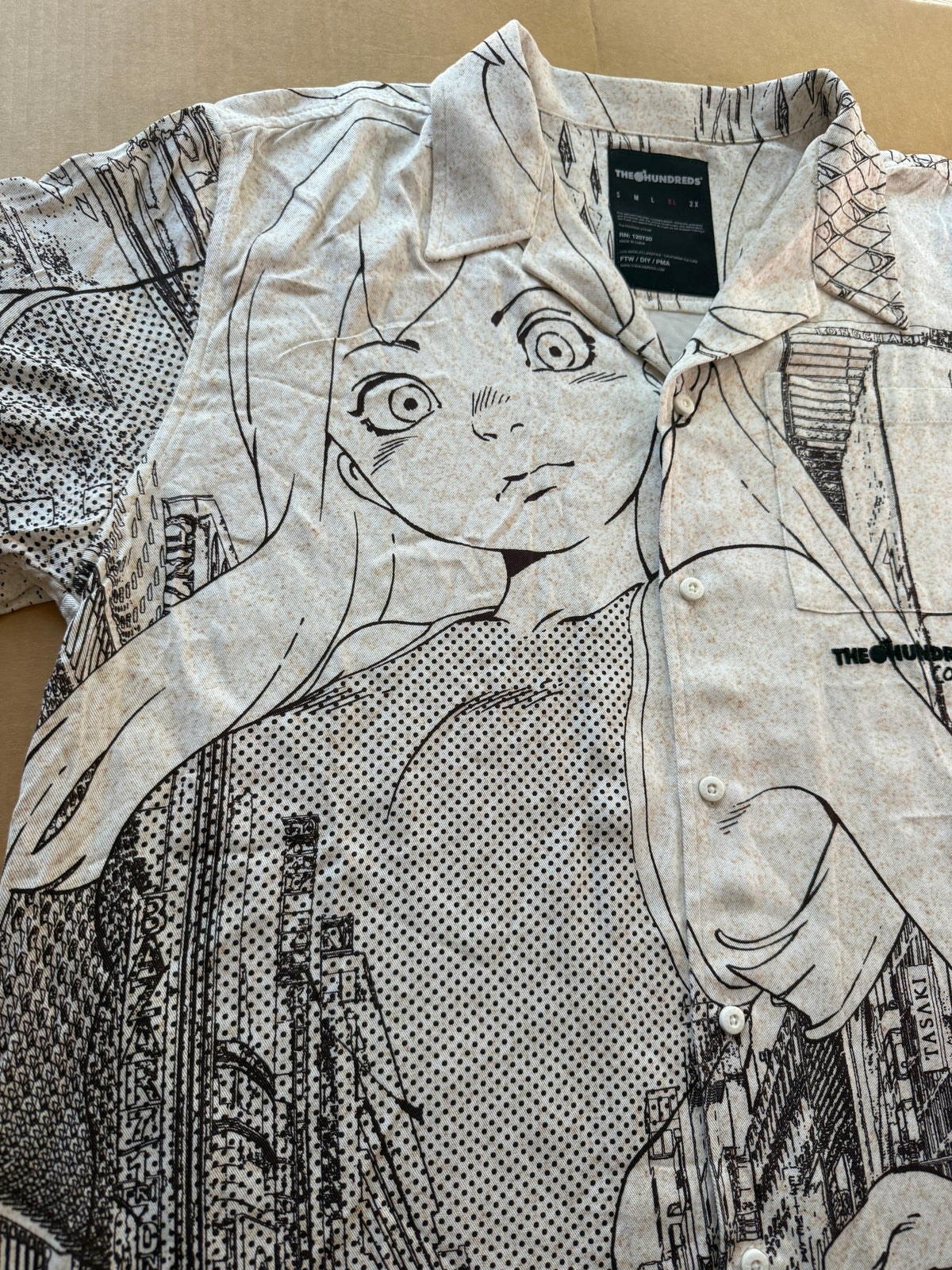 The Hundreds x Cotoh Camp Shirt Cream Mens XL NWOT Anime Manga City Print