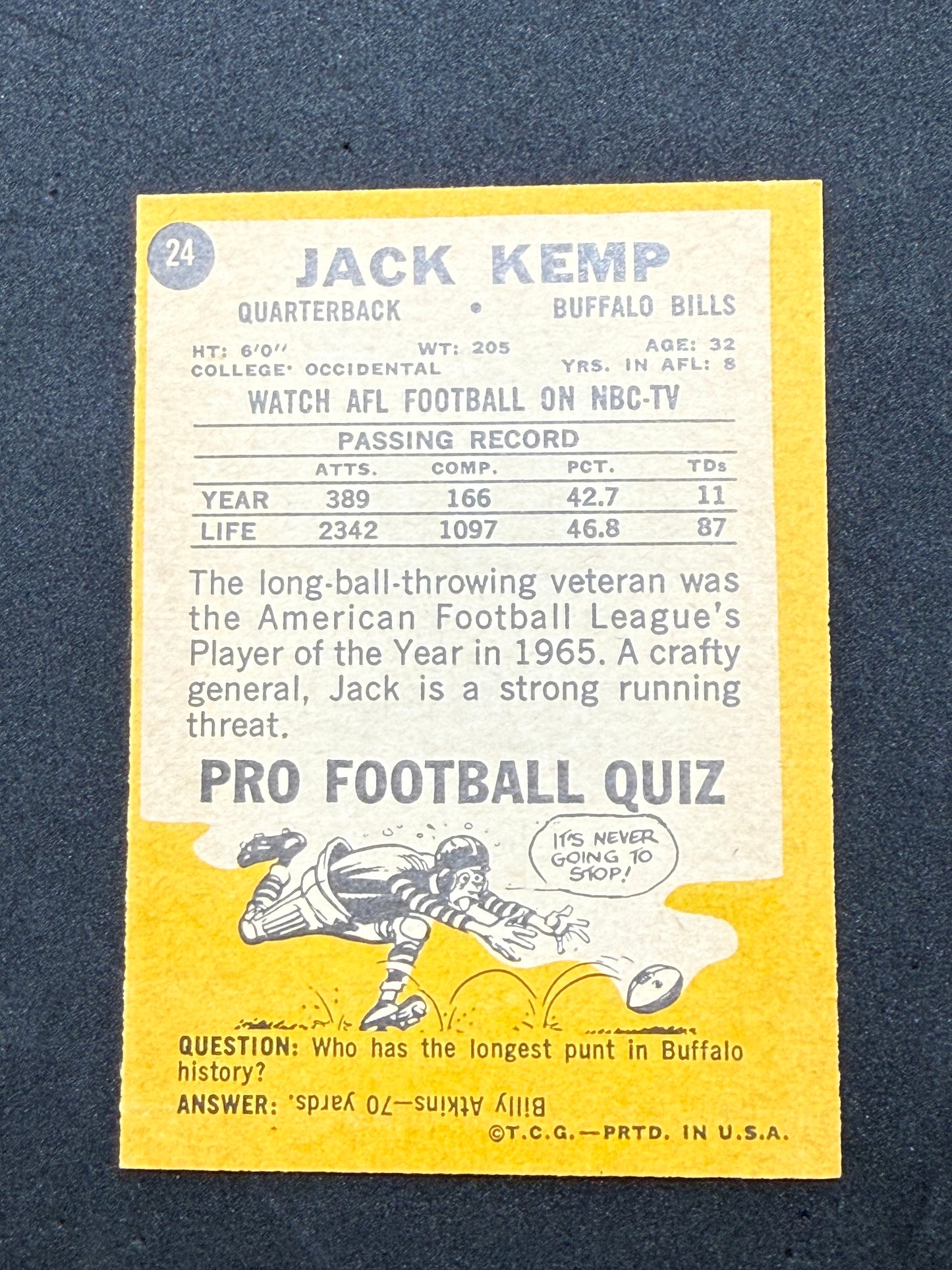 1967 Topps Jack Kemp #24 Buffalo Bills Quarterback Vintage Football Card