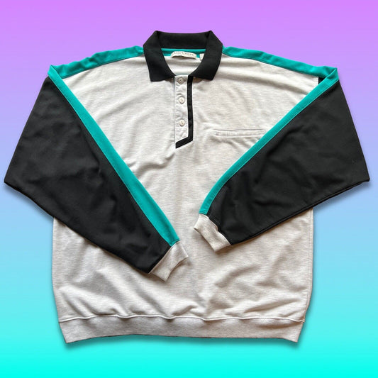 Ash Creek Trading Mens XL Gray Long Sleeve Polo Shirt Hipster Indie Retro Rugby - thriftgoblin