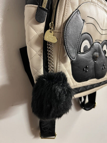 Betsey Johnson Pug Dog Quilted White And Black Faux Leather Backpack W Ball - thriftgoblin