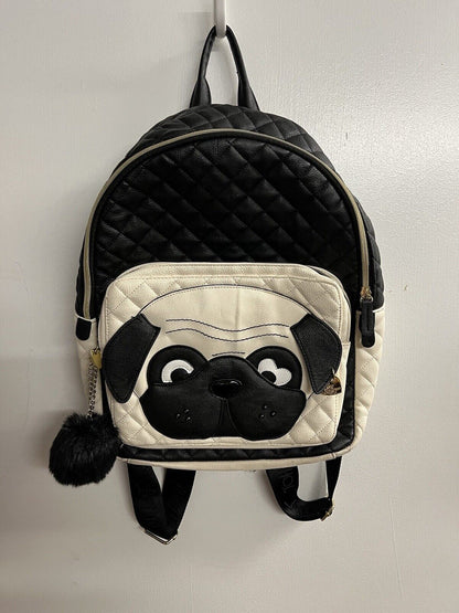 Betsey Johnson Pug Dog Quilted White And Black Faux Leather Backpack W Ball - thriftgoblin