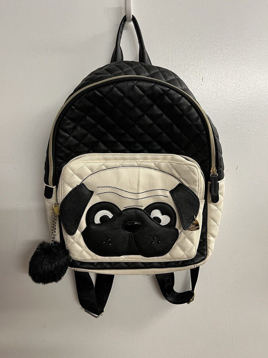 Betsey Johnson Pug Dog Quilted White And Black Faux Leather Backpack W Ball - thriftgoblin