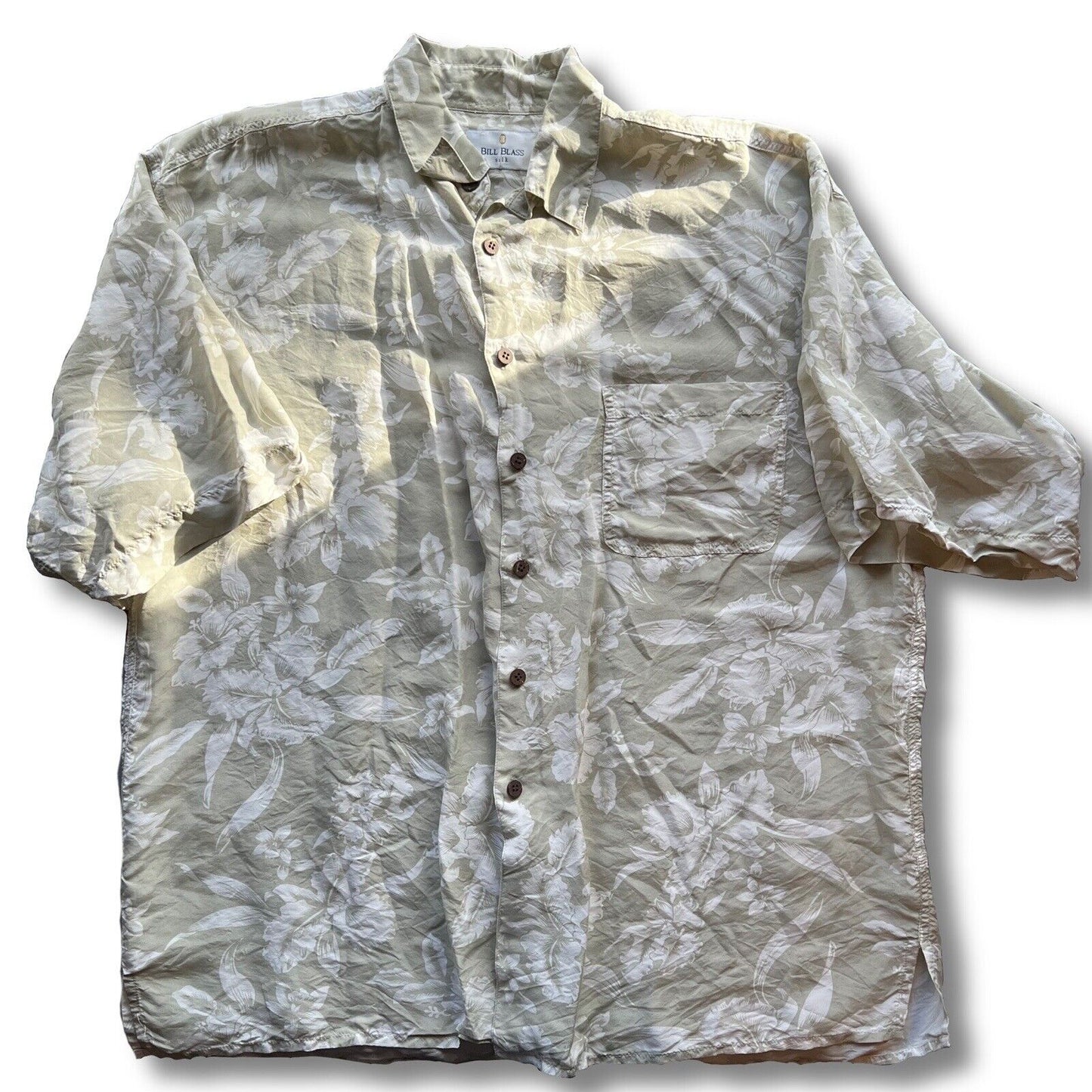 Bill Blass 100% Silk Floral Tan Short Sleeve Button Down Shirt Size Large Men’s - thriftgoblin