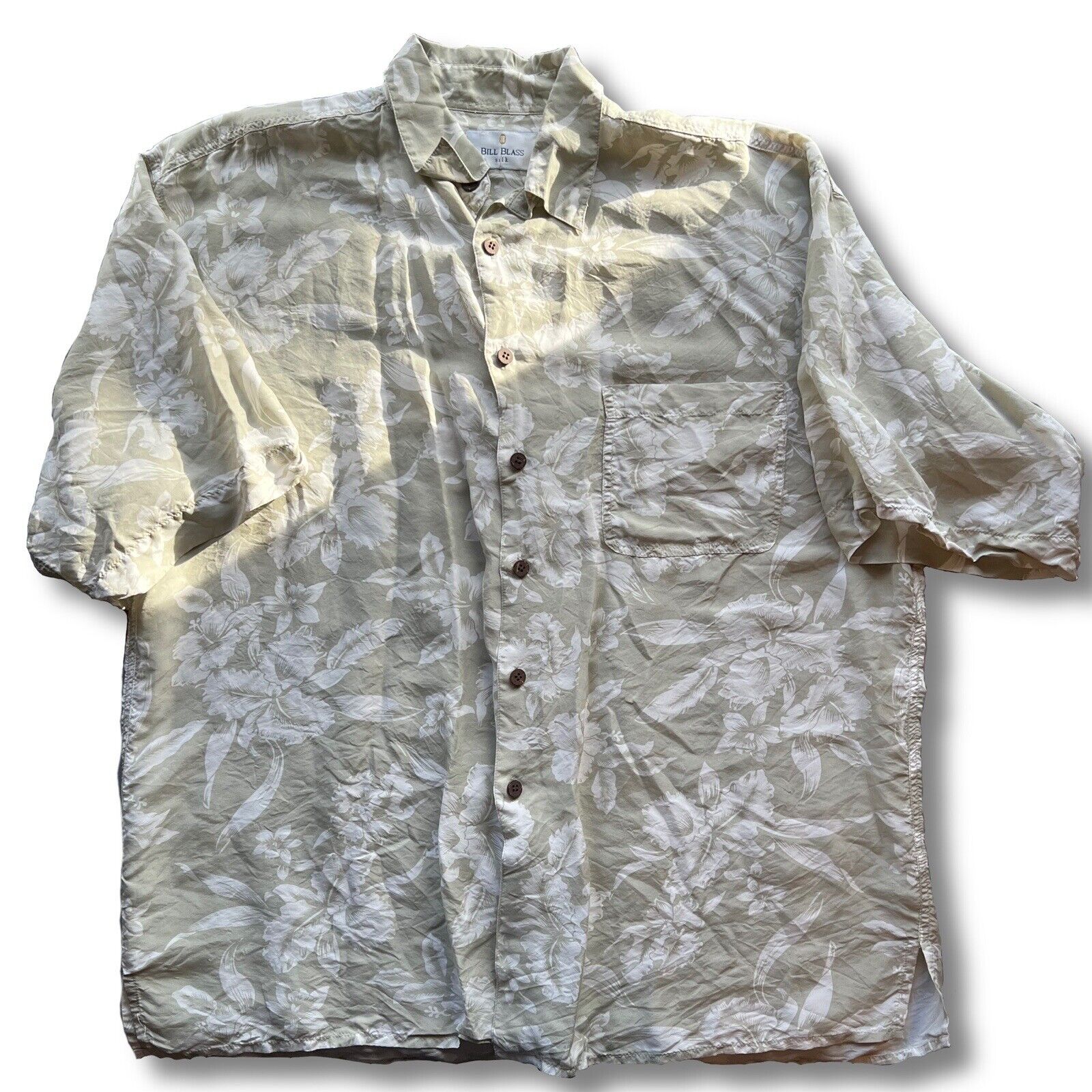 Bill Blass 100% Silk Floral Tan Short Sleeve Button Down Shirt Size Large Men’s - thriftgoblin