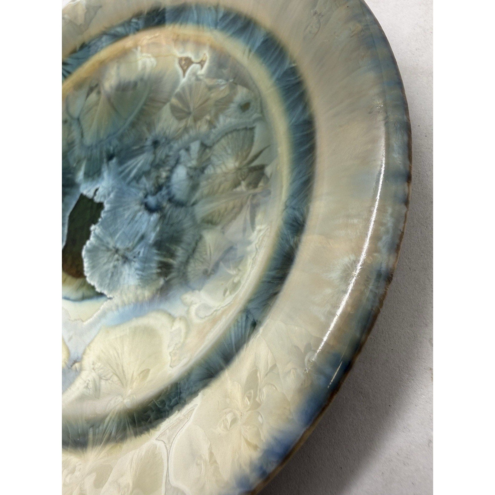 Bill Campbell Pottery Porcelain Plate 5.5” Crystalline Glaze Blue Cream Signed - thriftgoblin