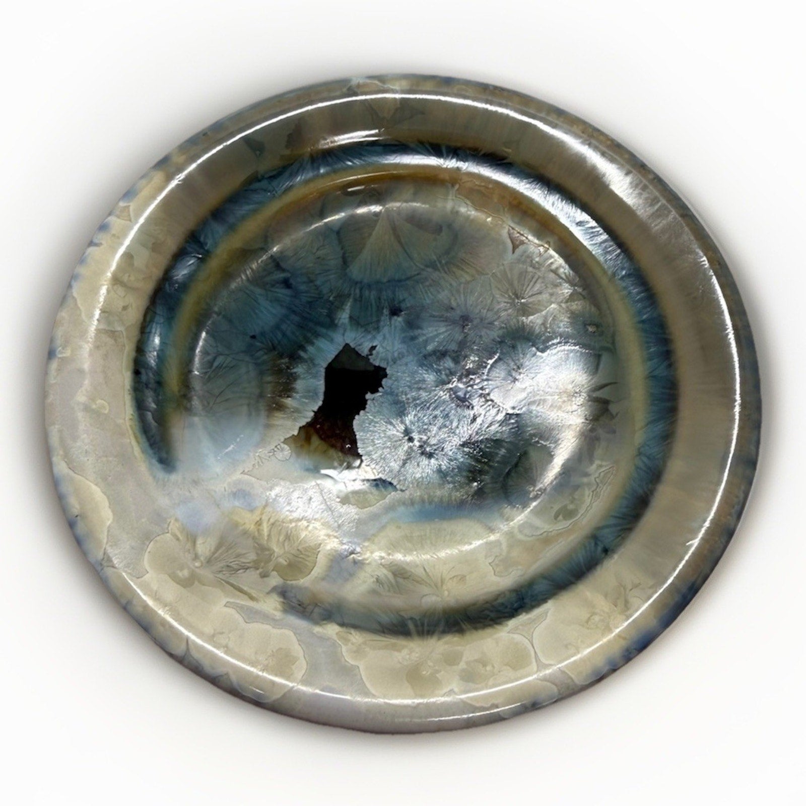 Bill Campbell Pottery Porcelain Plate 5.5” Crystalline Glaze Blue Cream Signed - thriftgoblin