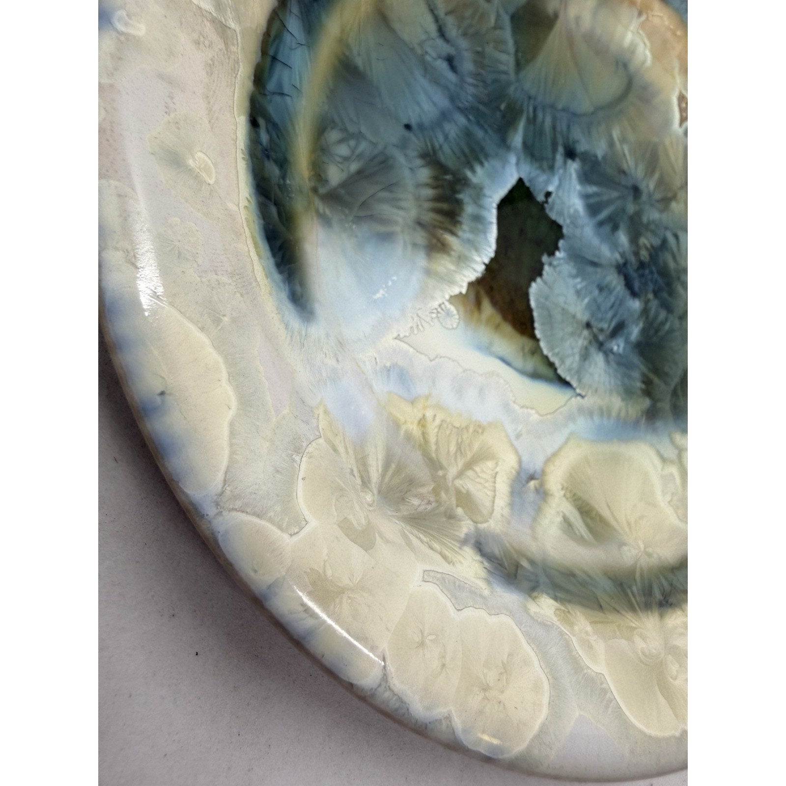 Bill Campbell Pottery Porcelain Plate 5.5” Crystalline Glaze Blue Cream Signed - thriftgoblin